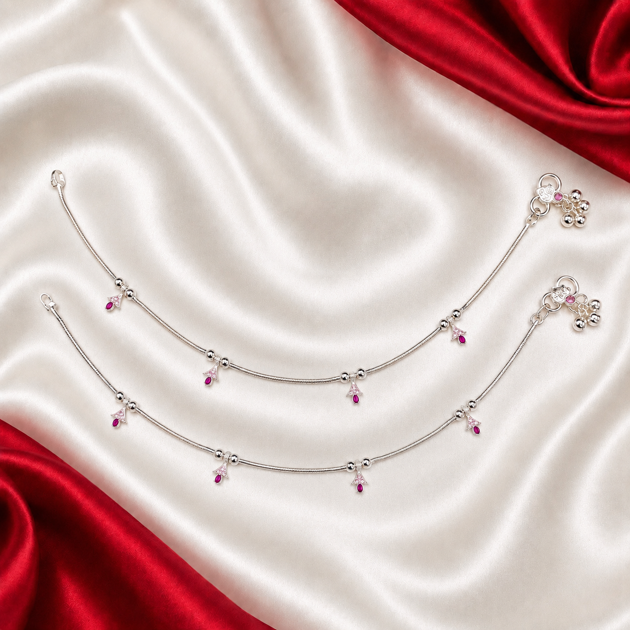 Snake chain Pure Silver Anklet Pair with Pink Charms WAS29