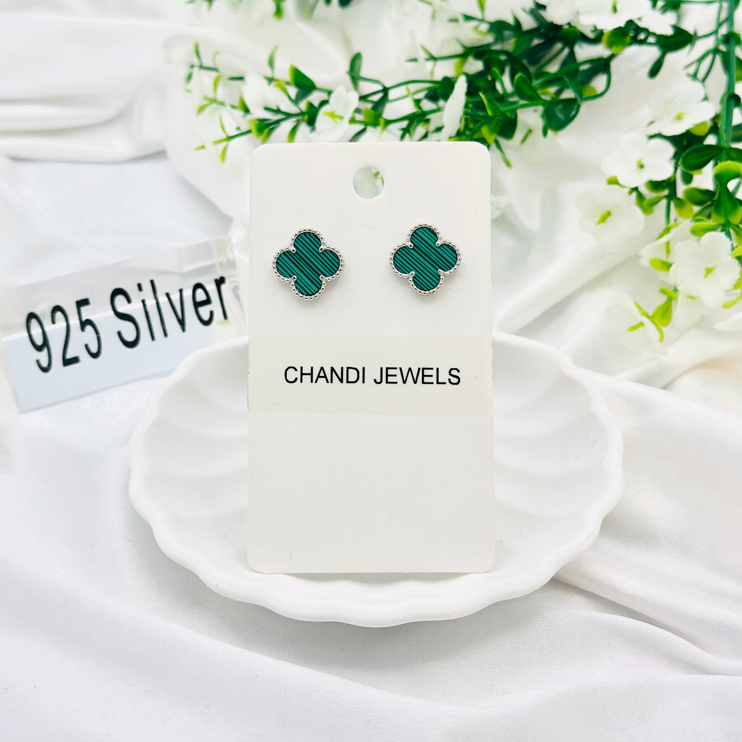Green Vancleef 925 Sterling Silver Studs ERW64