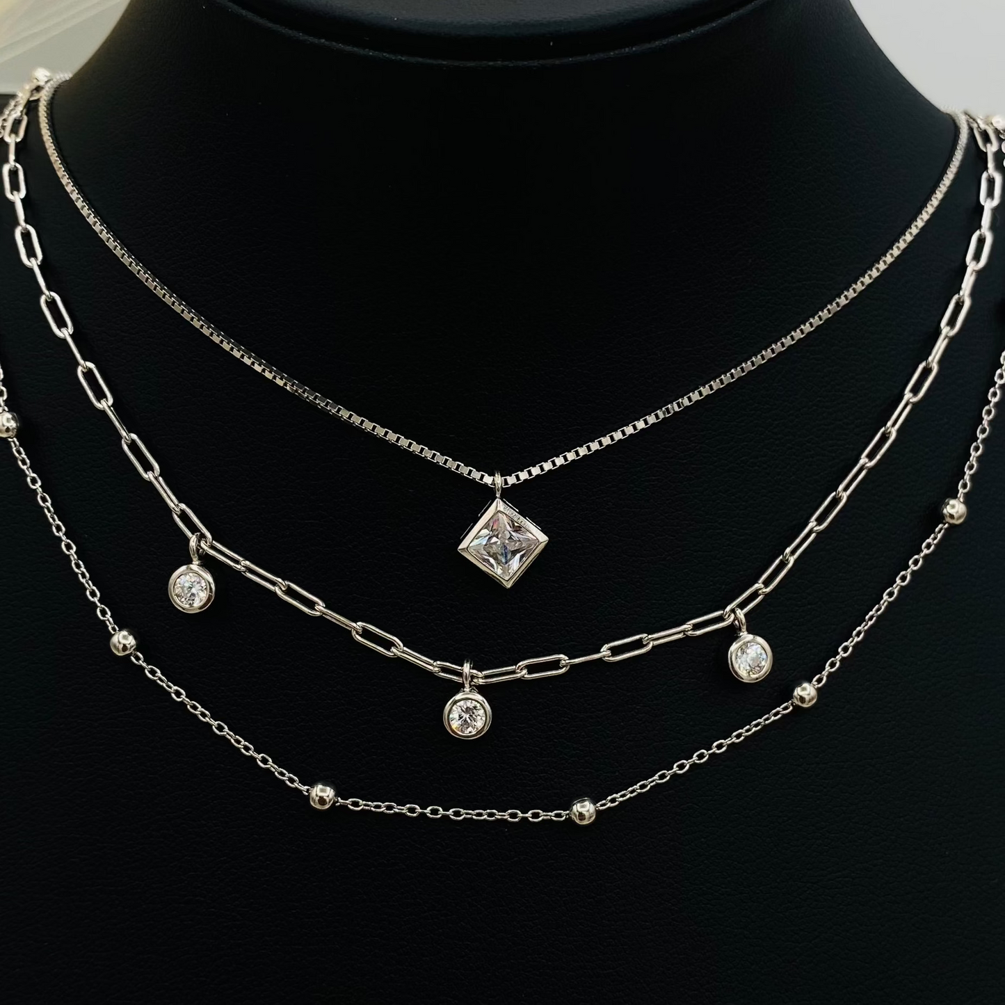 Square Solitare Stack Silver Necklace WNI32