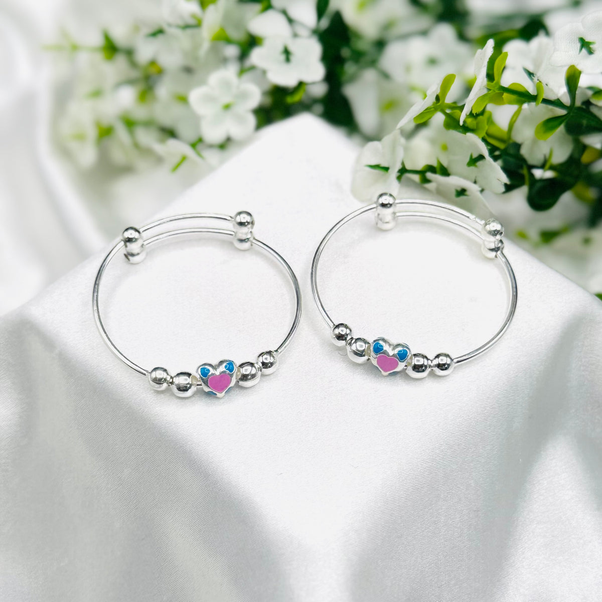 Pink Heart Kids Adjustable Bangle 925 Silver BKS42