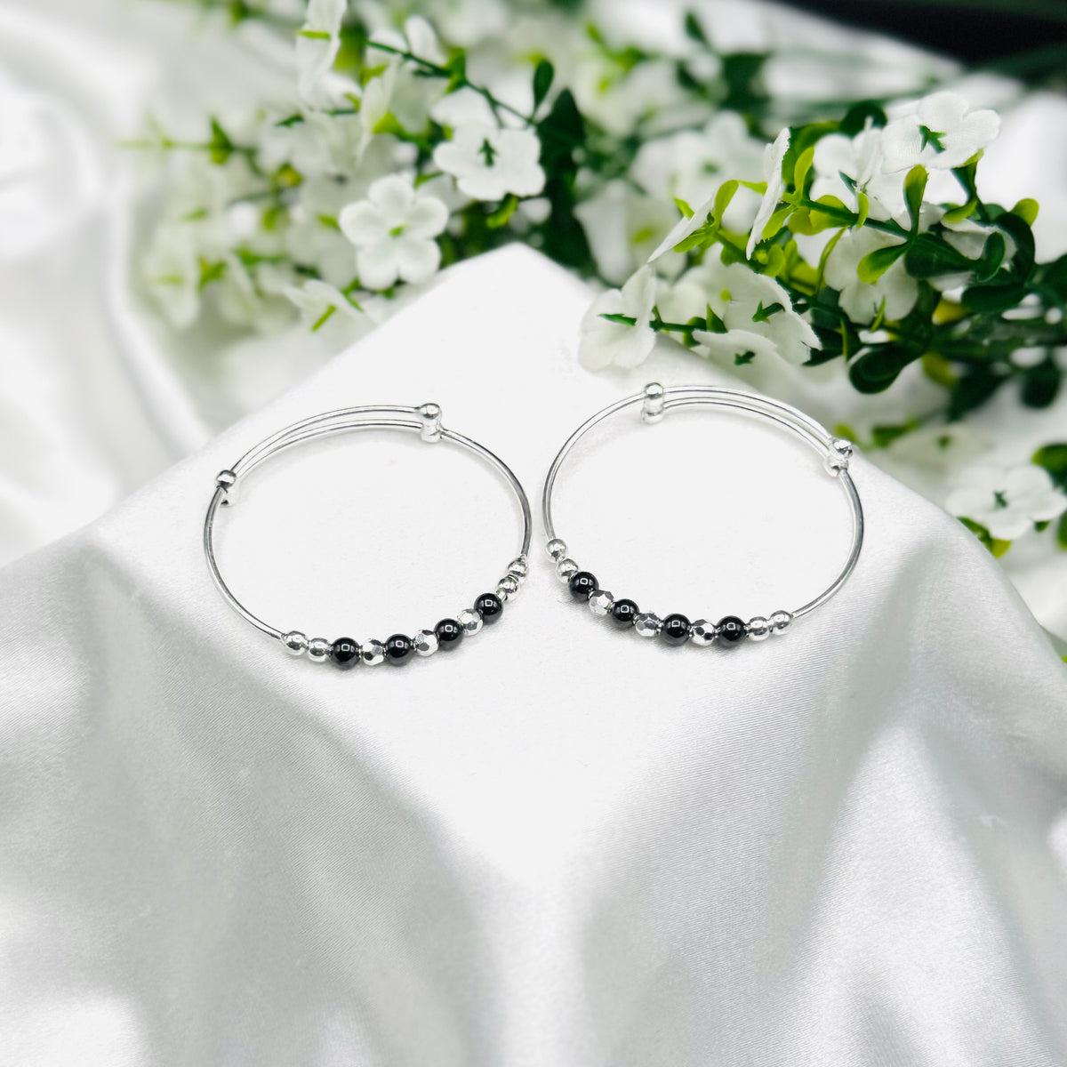 Silver Black Beads Kids Adjustable Bangle 925 Silver BKS41