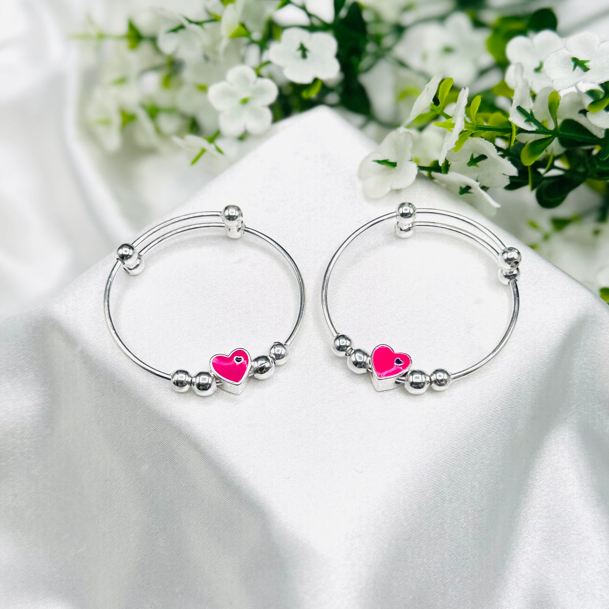 Pink Heart Kids Adjustable Bangle 925 Silver BKS39
