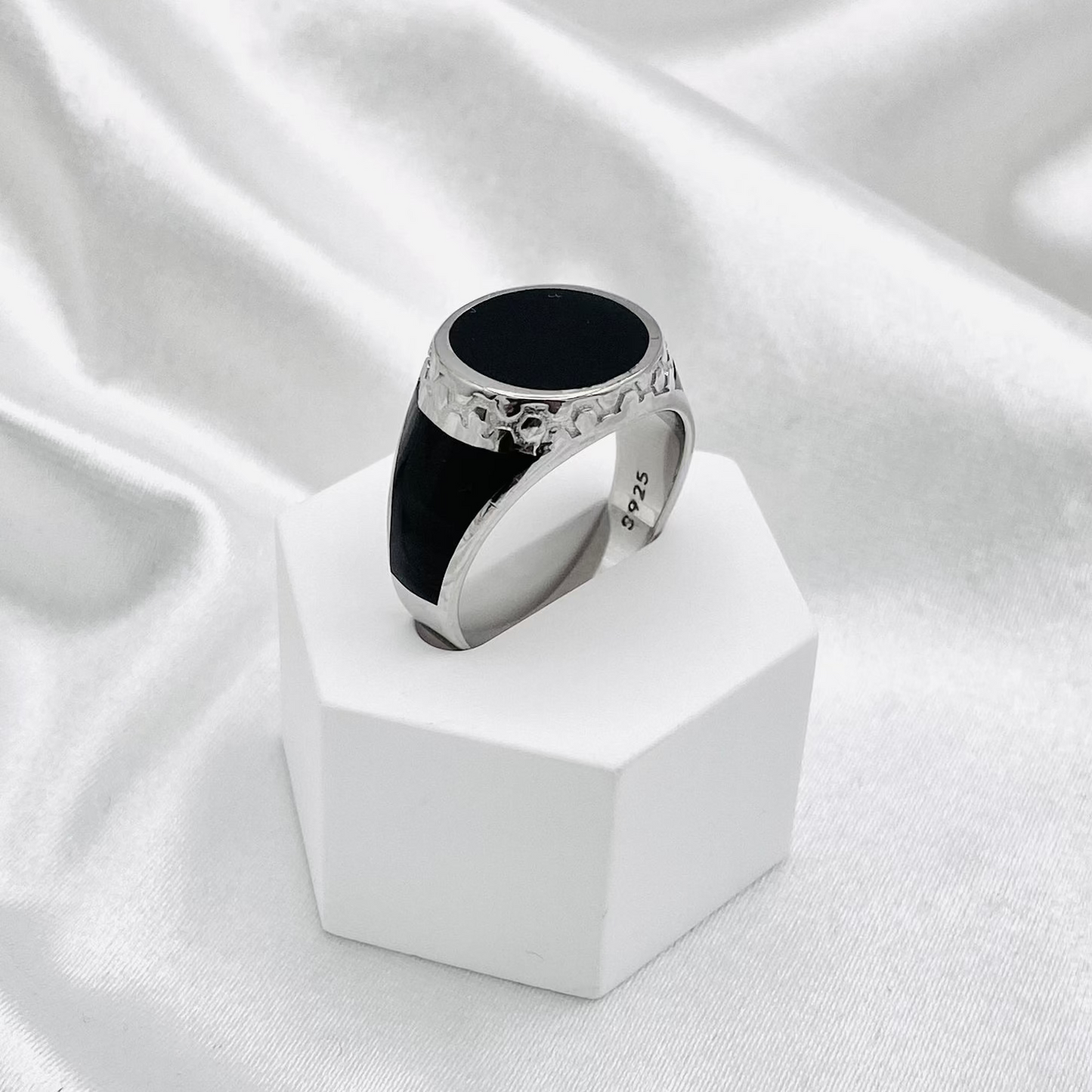 Mens Round Black Enamel Ring MRB02