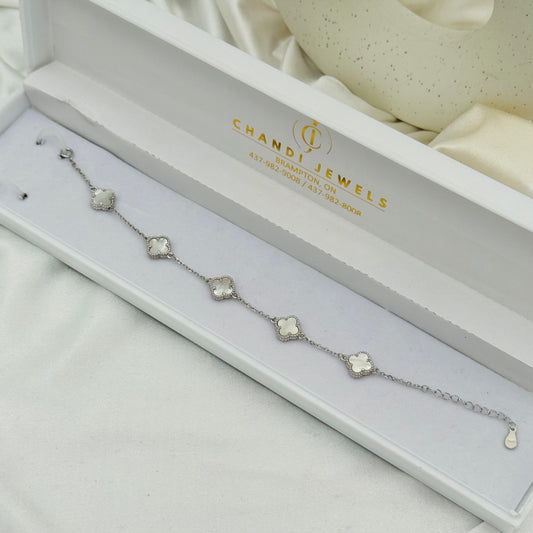 Women All White Van Cleef 5 Clover Bracelet In Sterling Silver WBV19