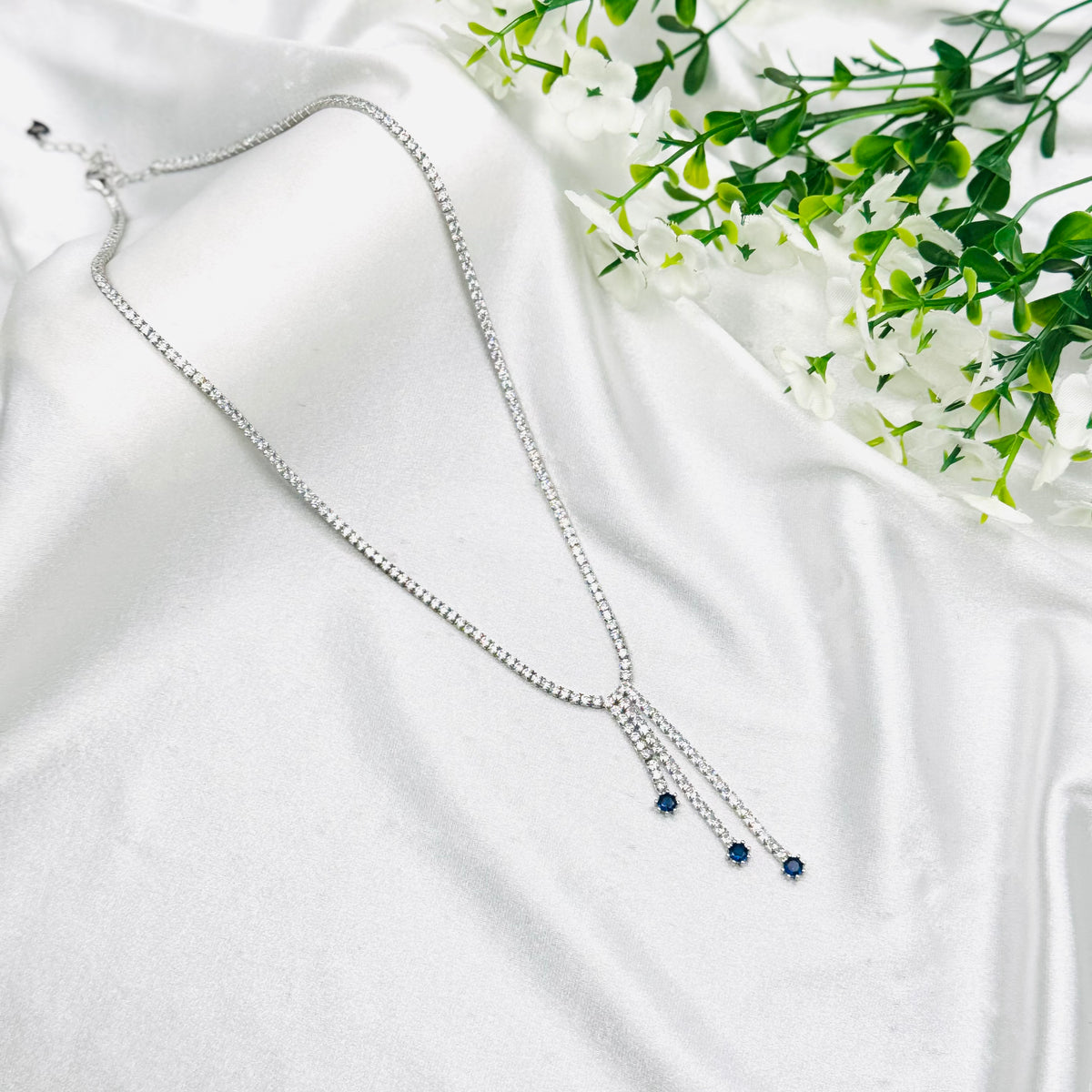 Women 925 Silver Lariat-style Tennis Necklace with Blue Gemstones WTN02