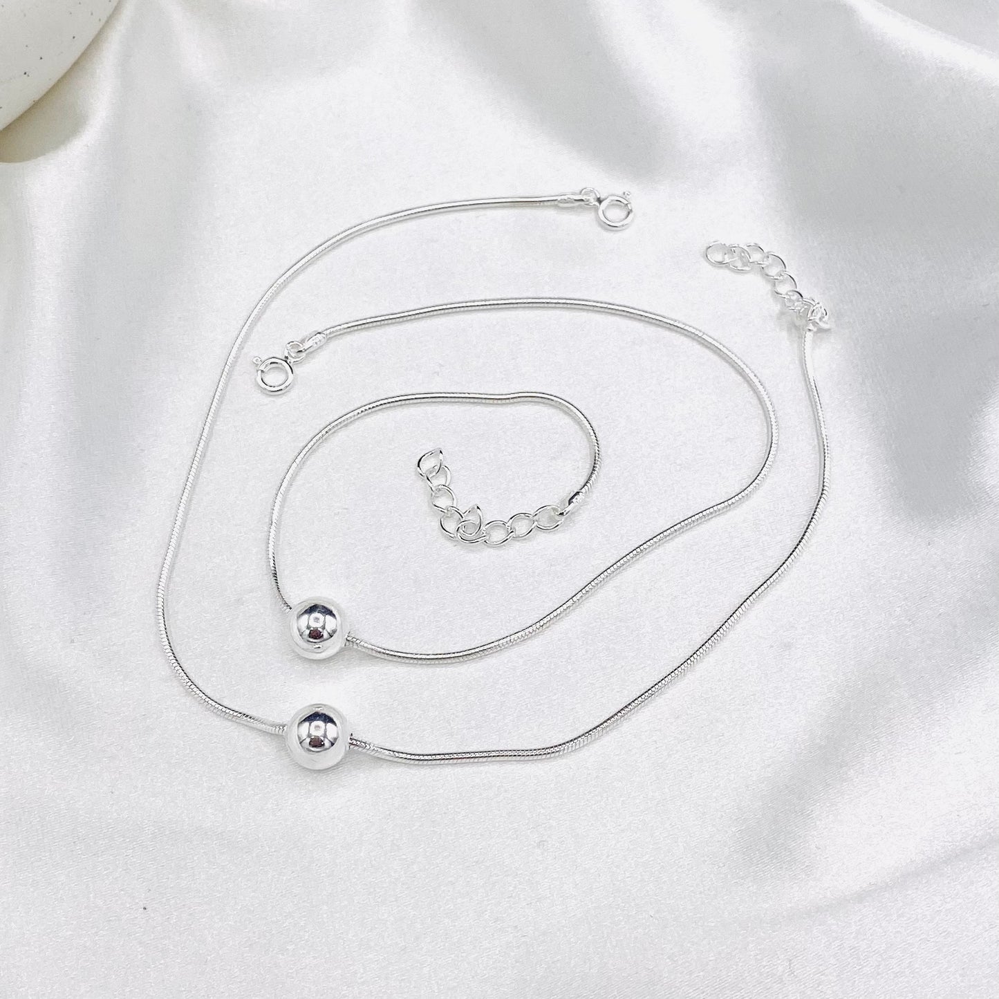 Women Silver Ball 925 Sterling Silver Round Snake chain Anklet WAS04 (SINGLE)