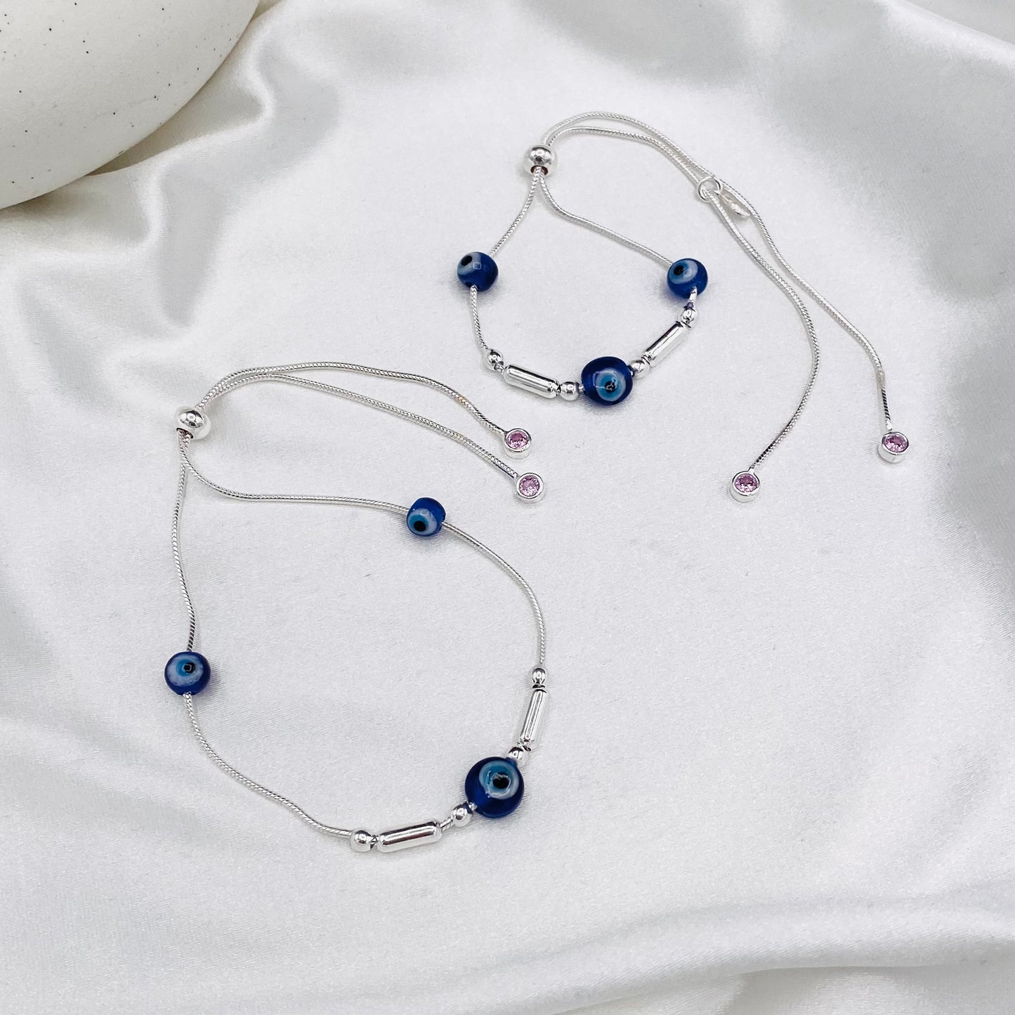 Women Adjustable 925 Sterling Silver Blue Evileye Round Snake Chain Anklet WAS12 (SINGLE)