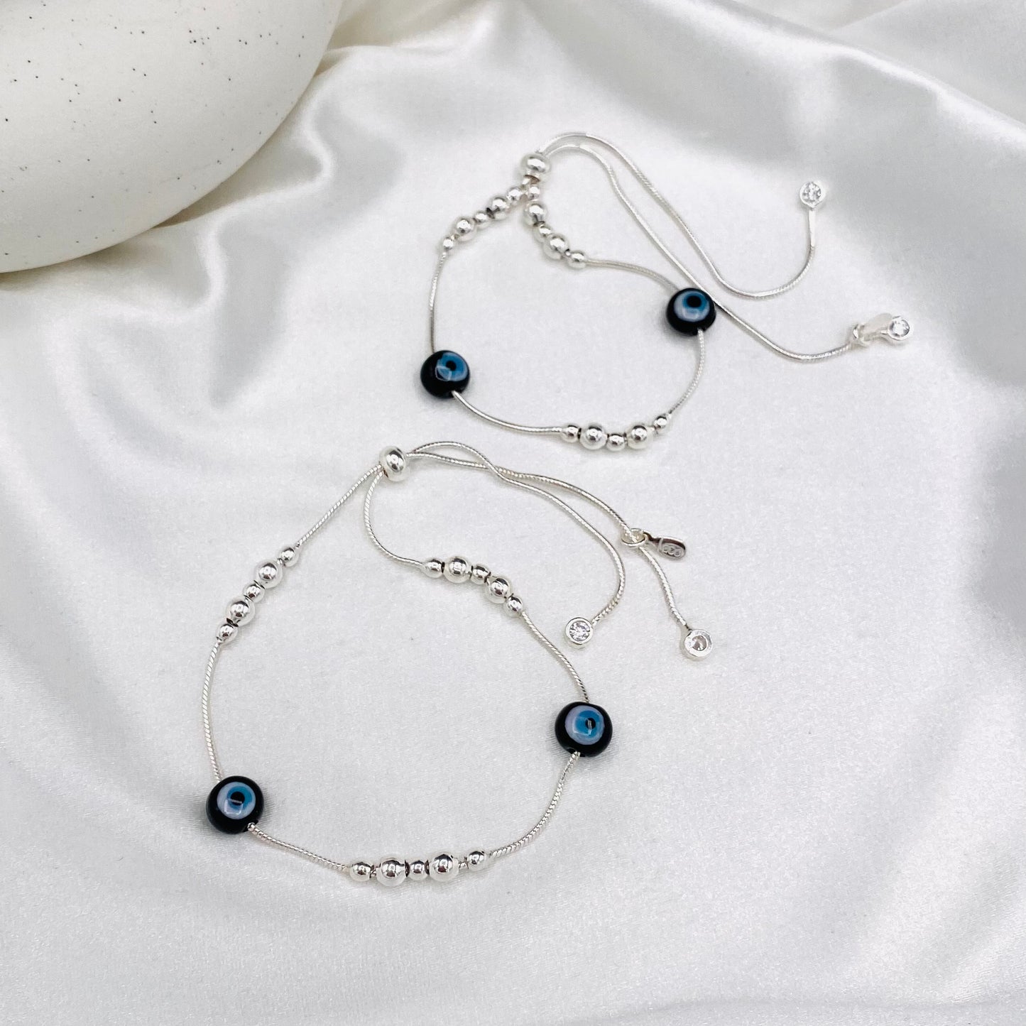 Women Adjustable 925 Sterling Silver Black Evileye Pauju Round Snake Chain Anklet WAS13 (SINGLE)