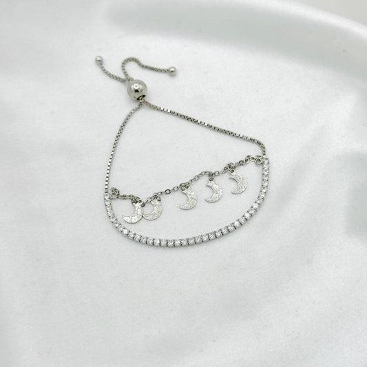 WBT40 Women Double Layer Tennis Bracelet with Moon Danglers In 925 Sterling Silver
