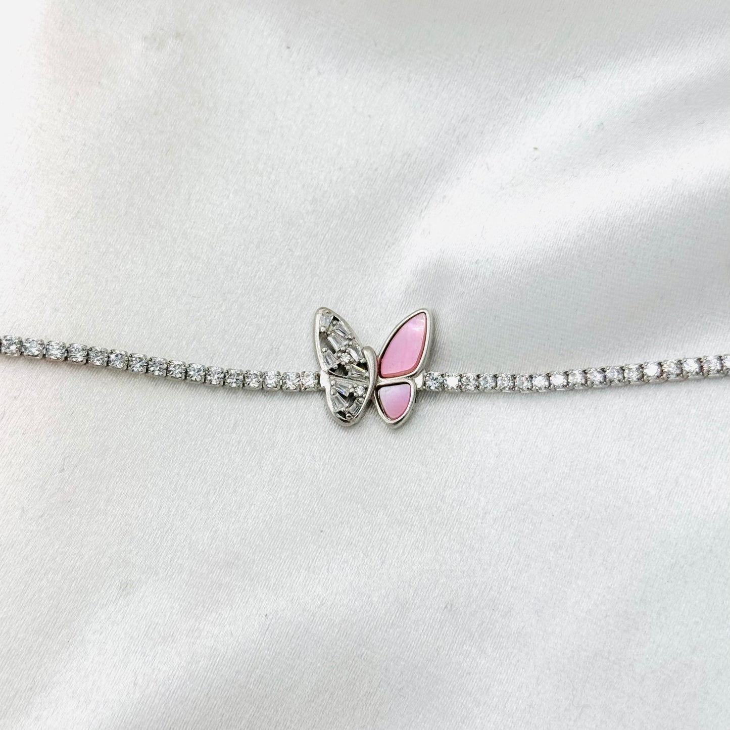 WBT38 Women Tennis Bracelet With Pink Butterfly & Moissanites In 925 Sterling Silver