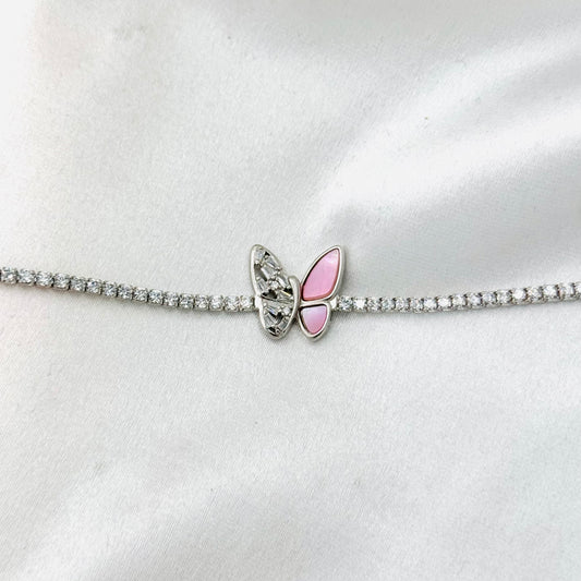 WBT38 Women Tennis Bracelet With Pink Butterfly & Moissanites In 925 Sterling Silver