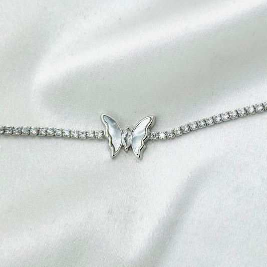 WBT37 Women Tennis Bracelet With White Enamel Butterfly & Moissanites In 925 Sterling Silver