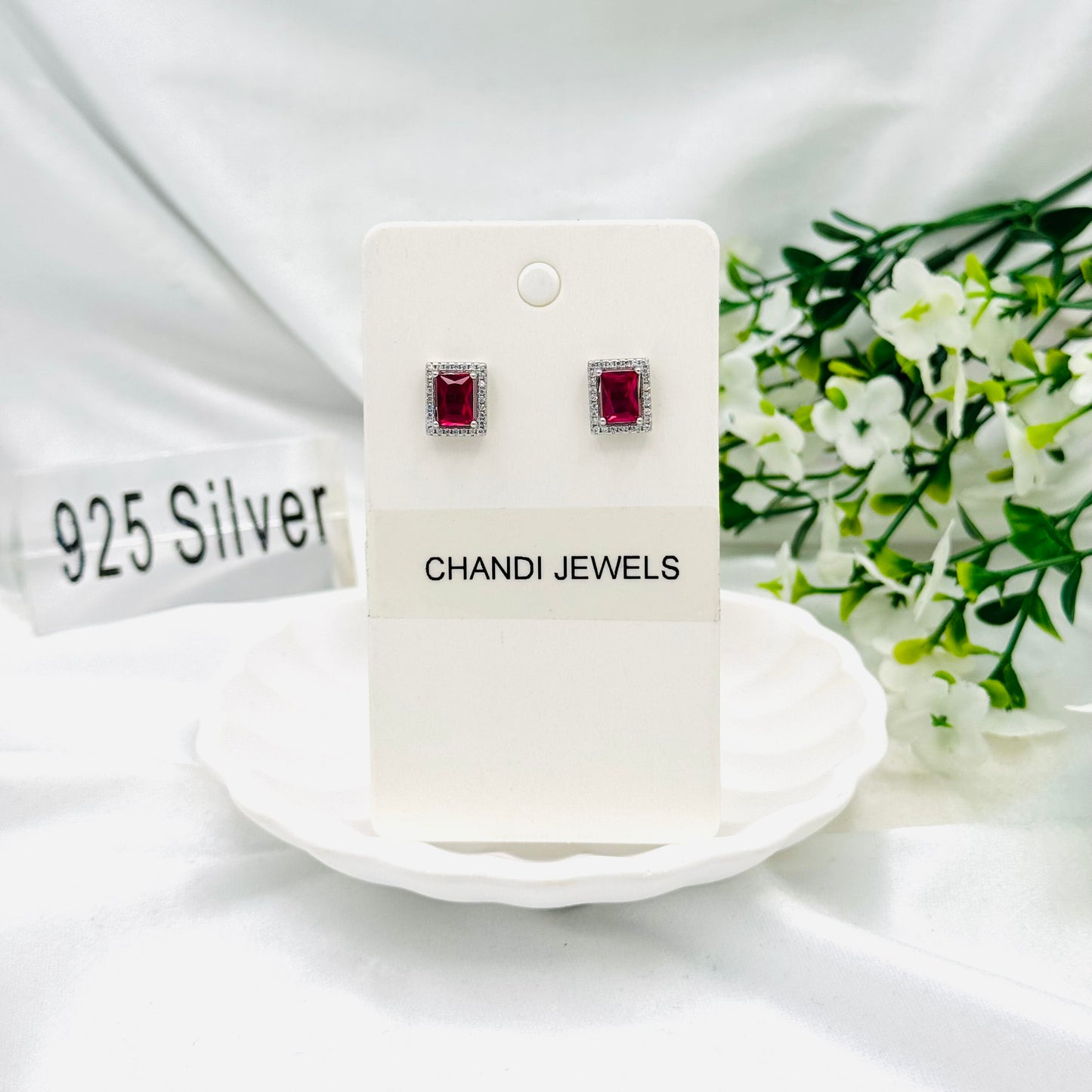 Ruby square Silver Earrings ERW49