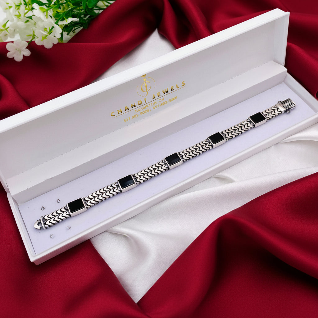 Gunmetal Silver Bracelet with Onyx Stones MBG03