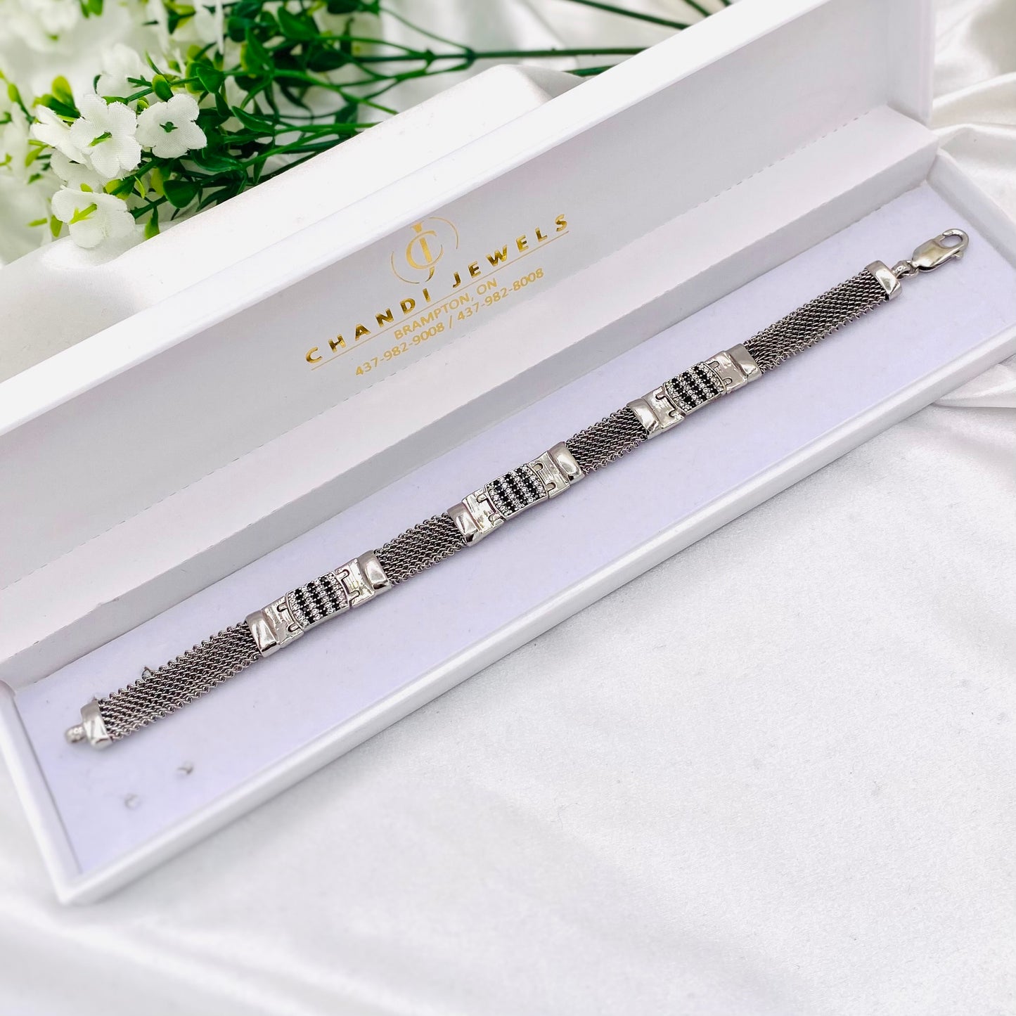 Mens Silver Bracelet with Black stones MBI09