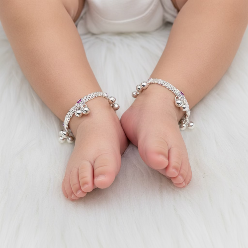 Newborn Baby Anklet pure Silver with Ghungroo and Pink Stones BAS02