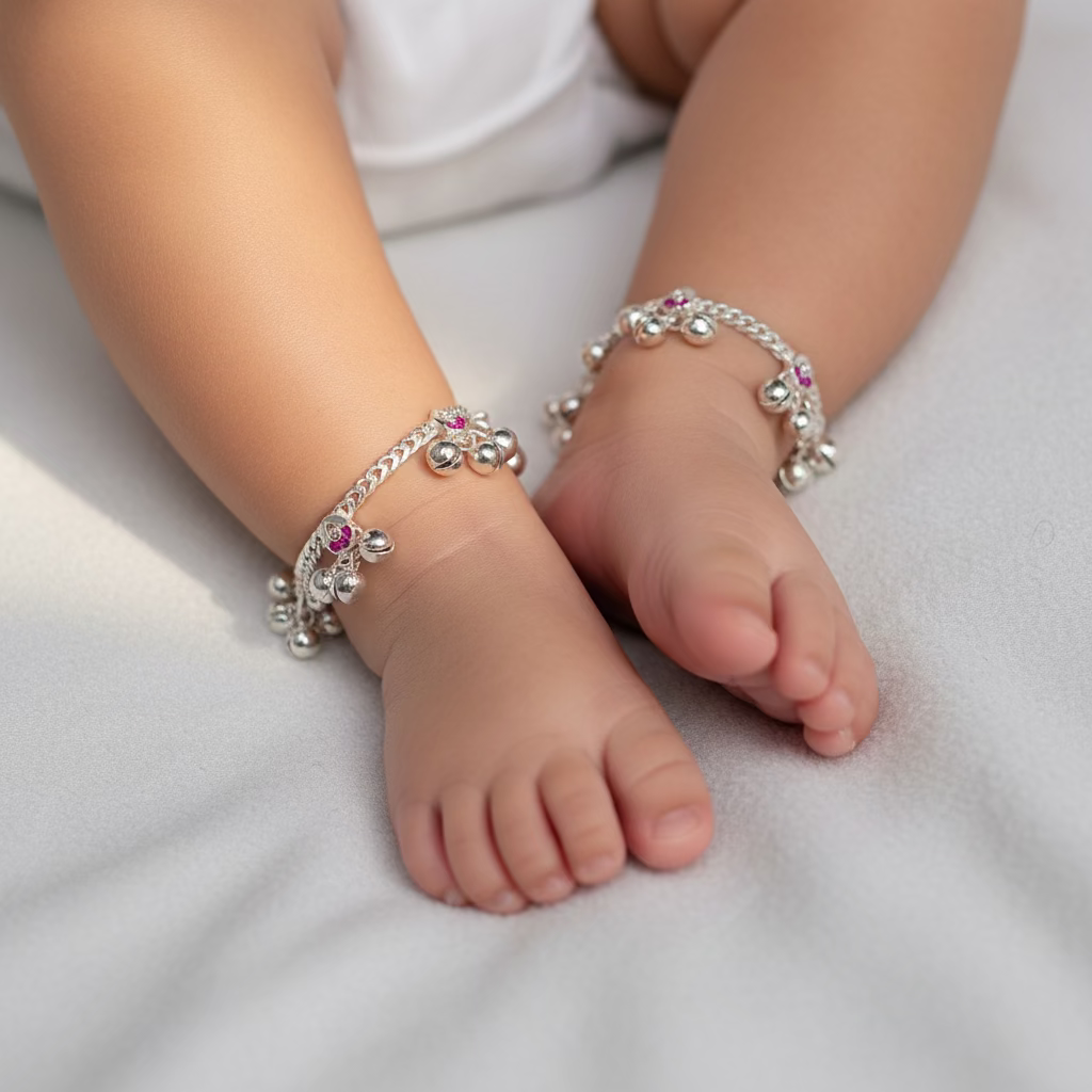 Newborn Baby Anklet pure Silver with Ghungroo and Pink Stones BAS01