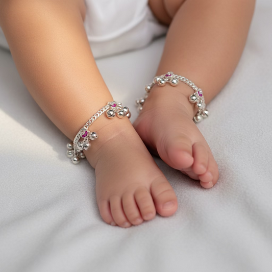 Newborn Baby Anklet pure Silver with Ghungroo and Pink Stones BAS01