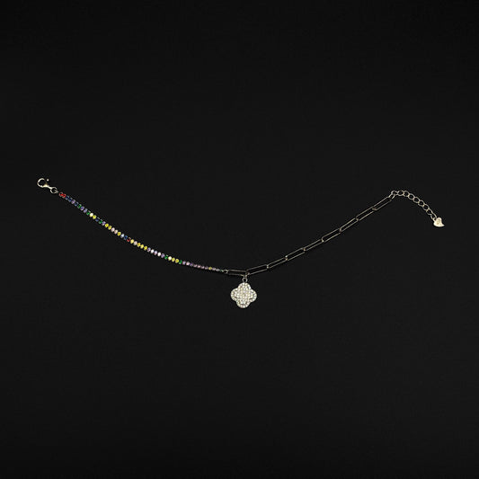 Women Rainbow Tennis clover 925 Sterling Silver Anklet WAI03 (SINGLE)