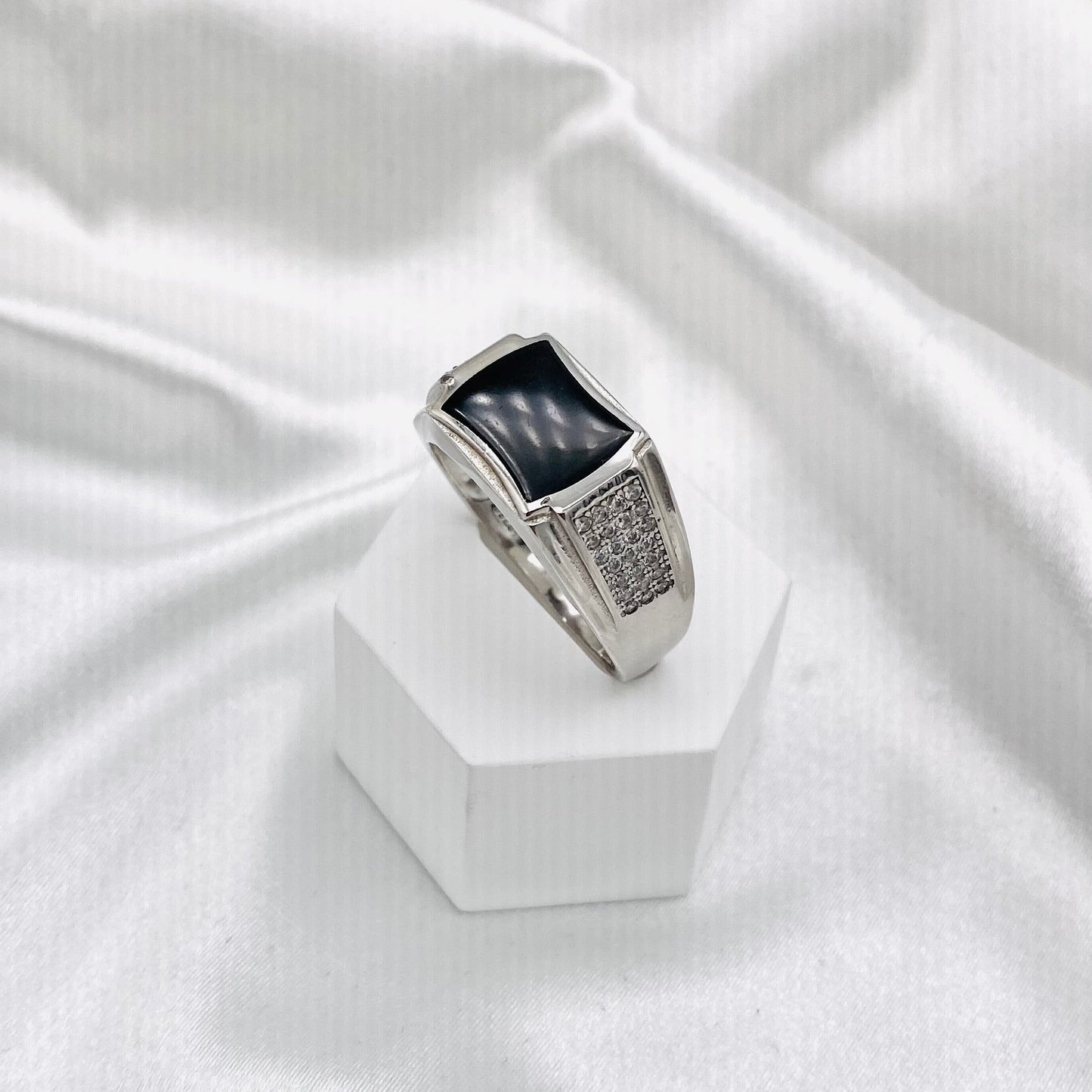Men's Black Onyx Ring with Moissanite In Sterling Silver MRB10
