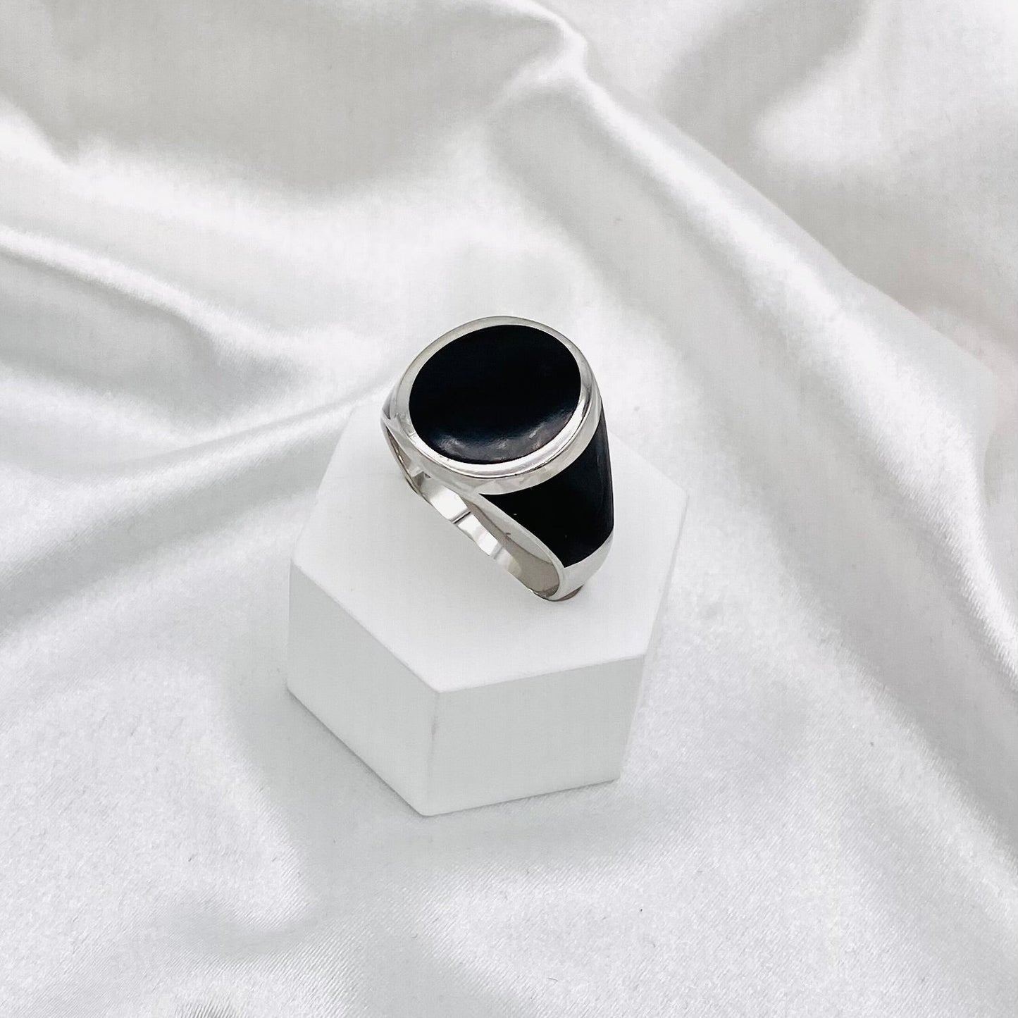 Men's Black Enamel Oval Gemstone Signet Ring In Sterling Silver MRB11