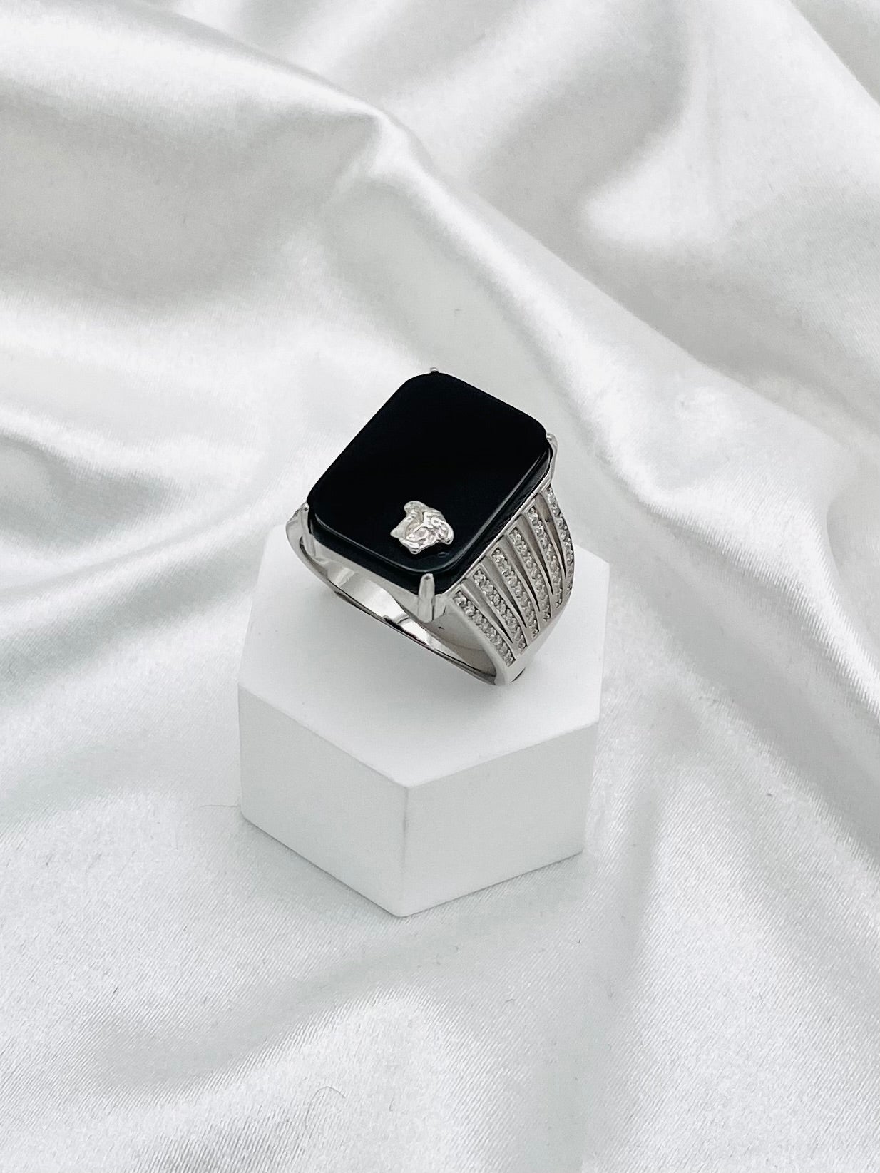 Men's Black Onyx with American Diamonds Ring In Sterling Silver MRB20