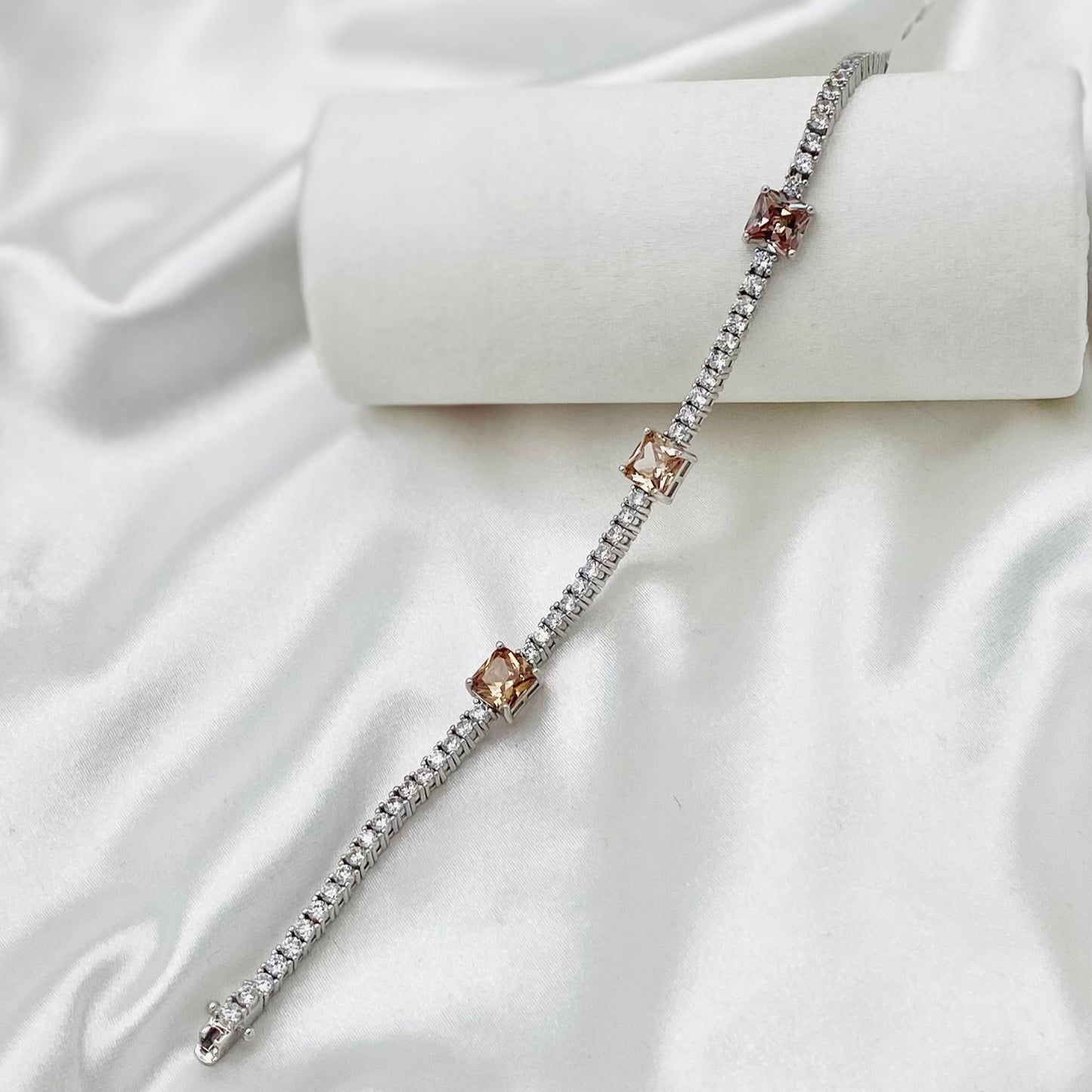 WBT07 Women Silver Tennis Bracelet with Golden Moissanites In 925 Sterling Silver