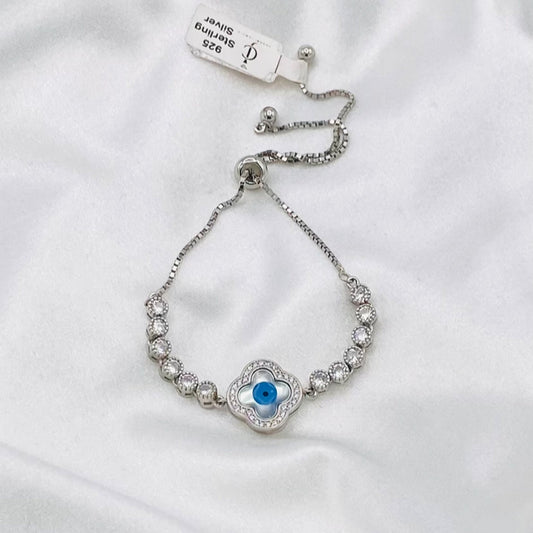 Evil Eye Blue Adjustable Bracelet with Round Moissanite in 925 Silver, Rhodium Finish WBE05