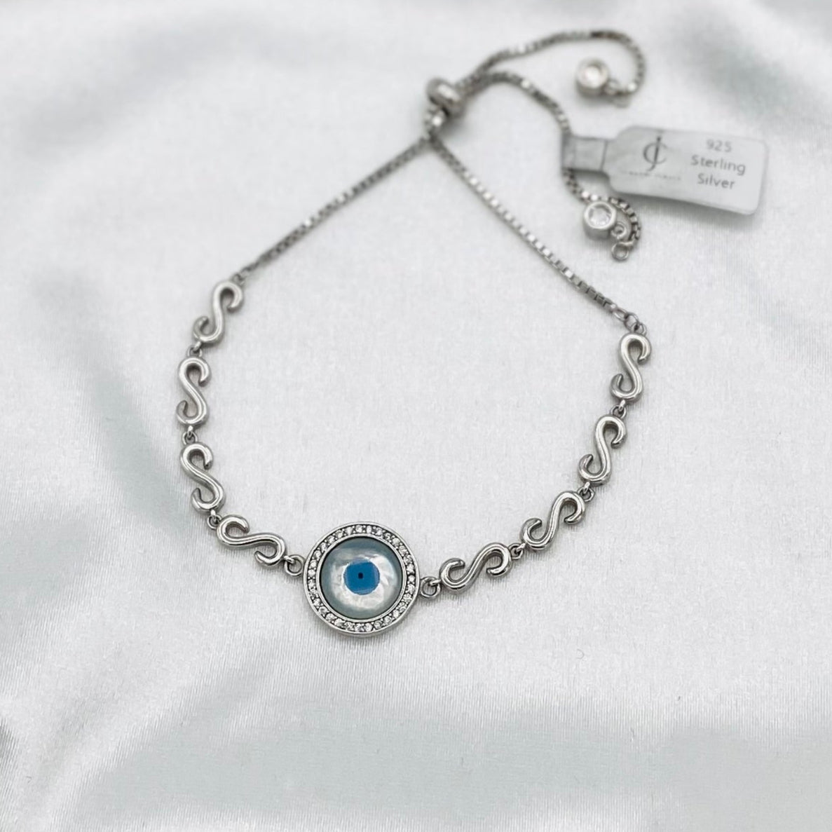 Blue Round Evil Eye Slider Bracelet For Women In Sterling Silver WBE01