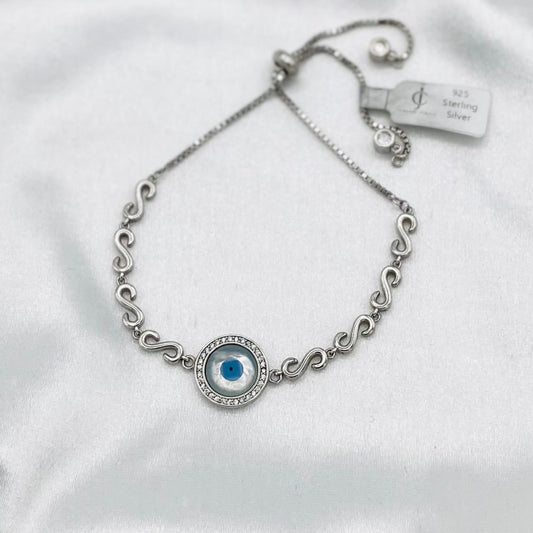 Blue Round Evil Eye Slider Bracelet For Women In Sterling Silver WBE01