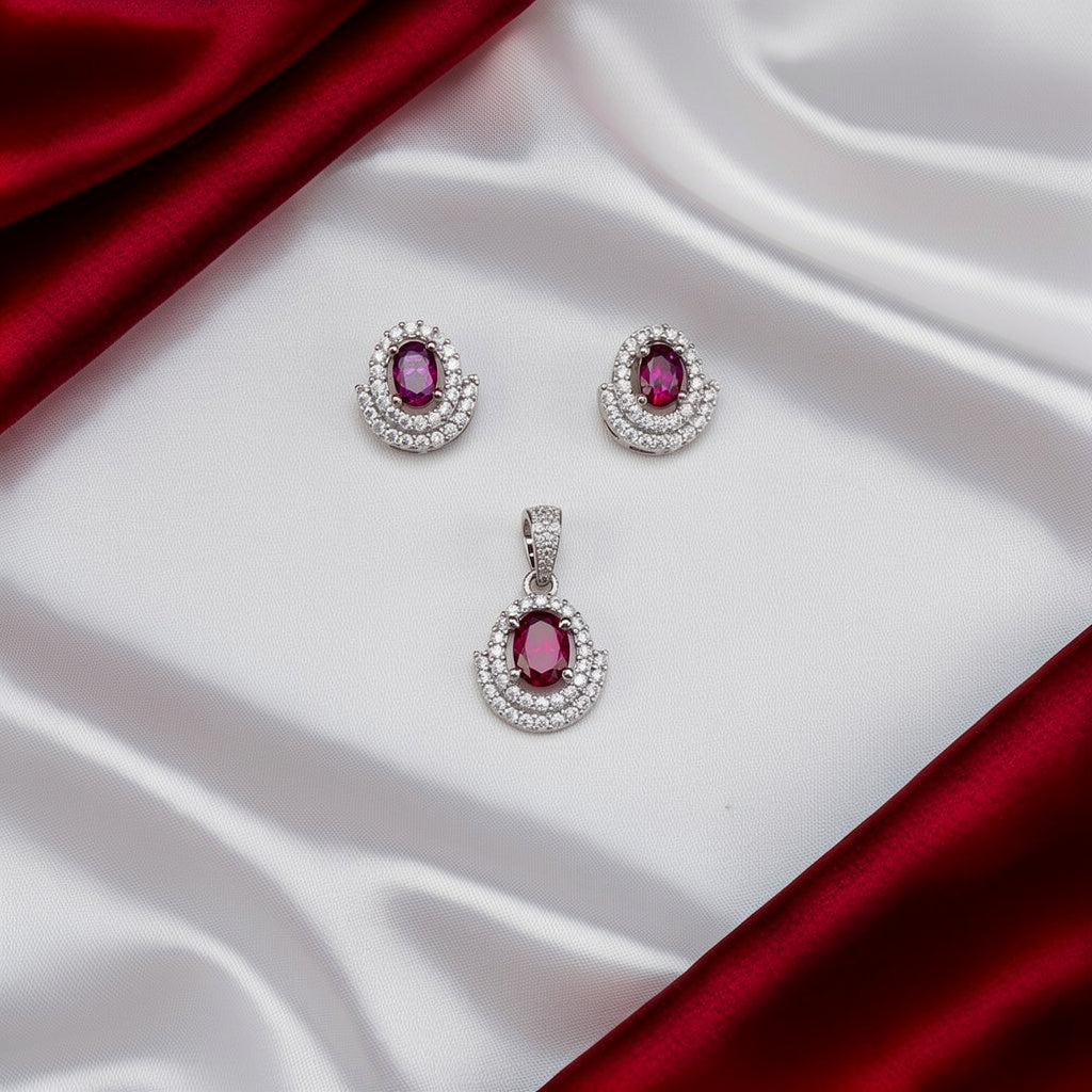 Women's Ruby Round CZ 925 Sterling Silver Pendent with Cz Earring set SPI08