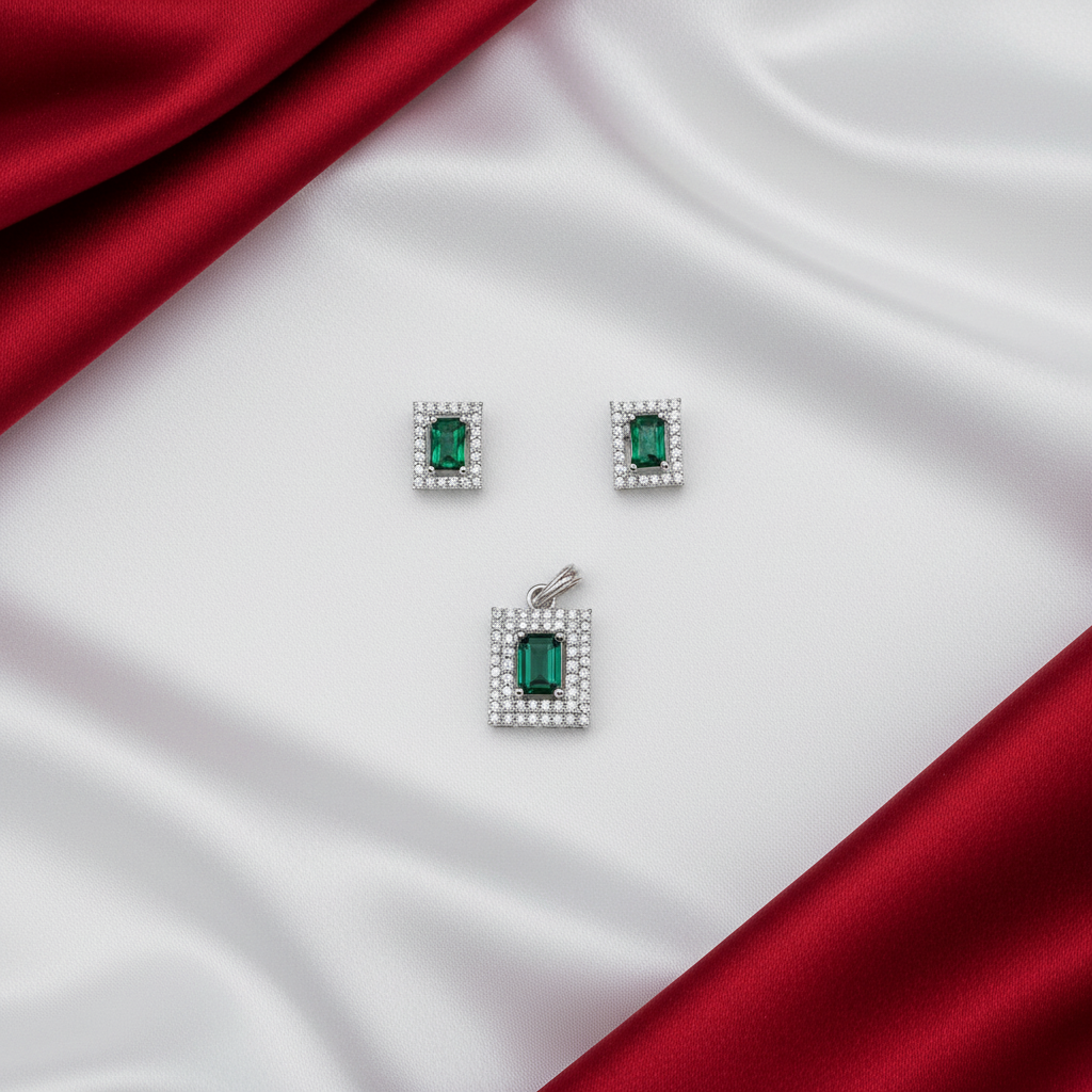 Women's Emerald 925 Sterling Silver Pendent with Cz Earring set SPI01