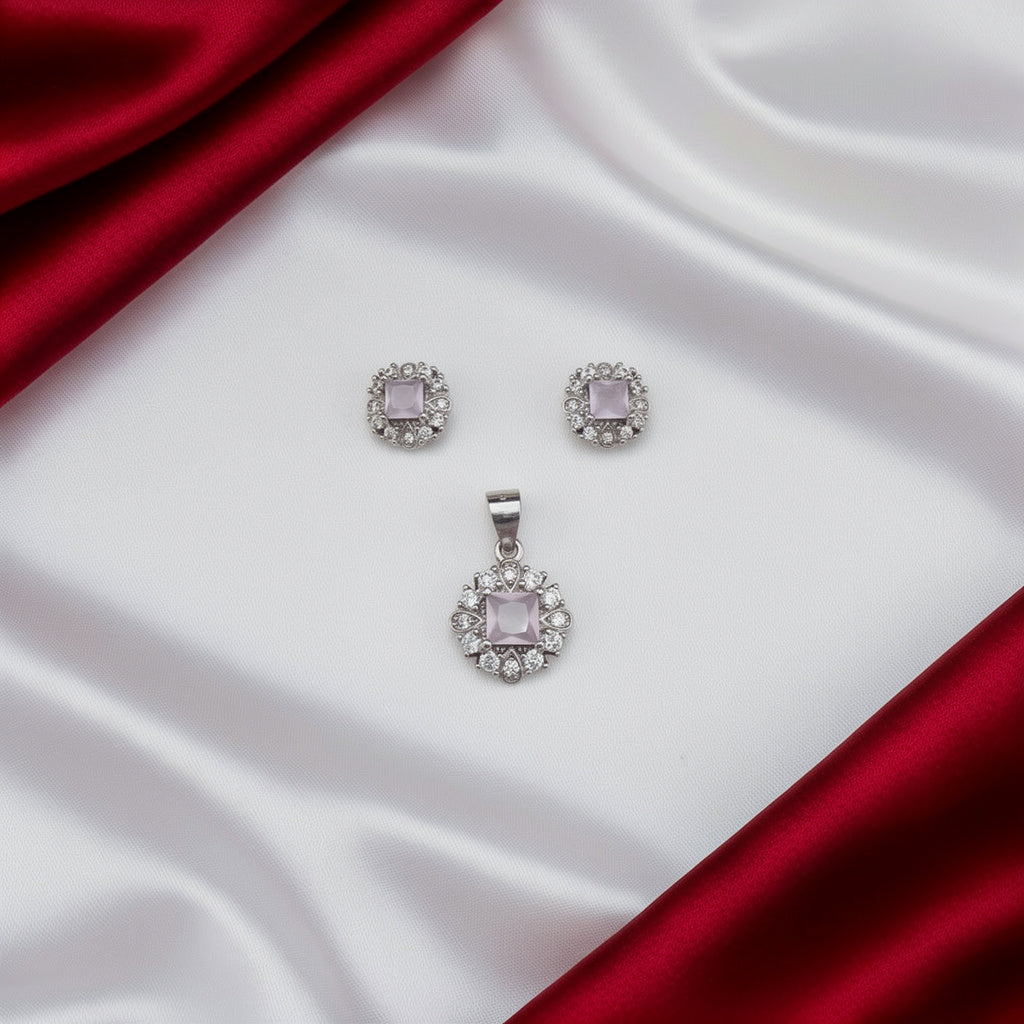 Women's Baby Pink CZ 925 Sterling Silver Pendent with Cz Earring set SPI03
