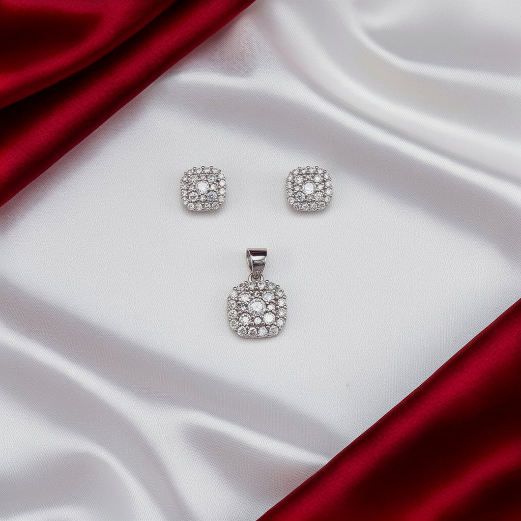 Women's Square CZ 925 Sterling Silver Pendent with Cz Earring set SPI09