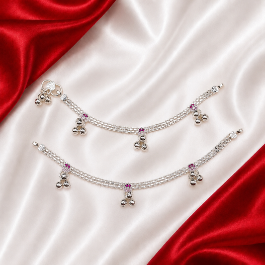 Newborn Baby Anklet pure Silver with Ghungroo and Pink Stones BAS02