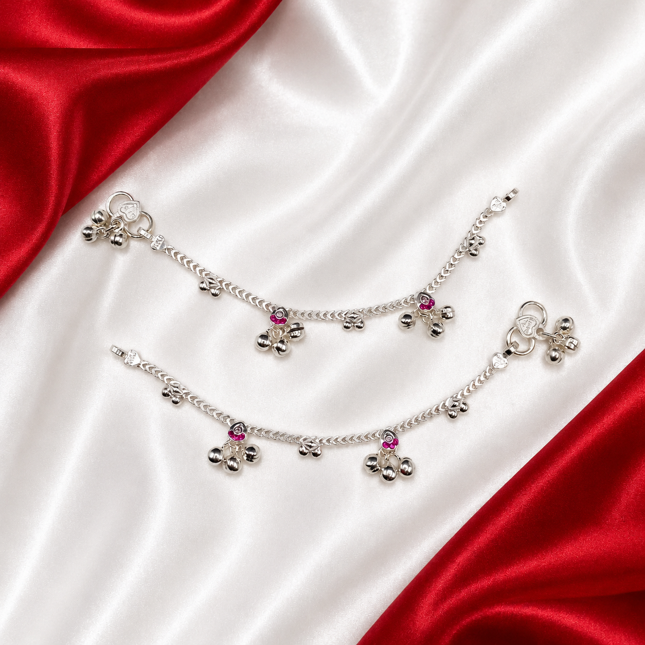 Newborn Baby Anklet pure Silver with Ghungroo and Pink Stones BAS01