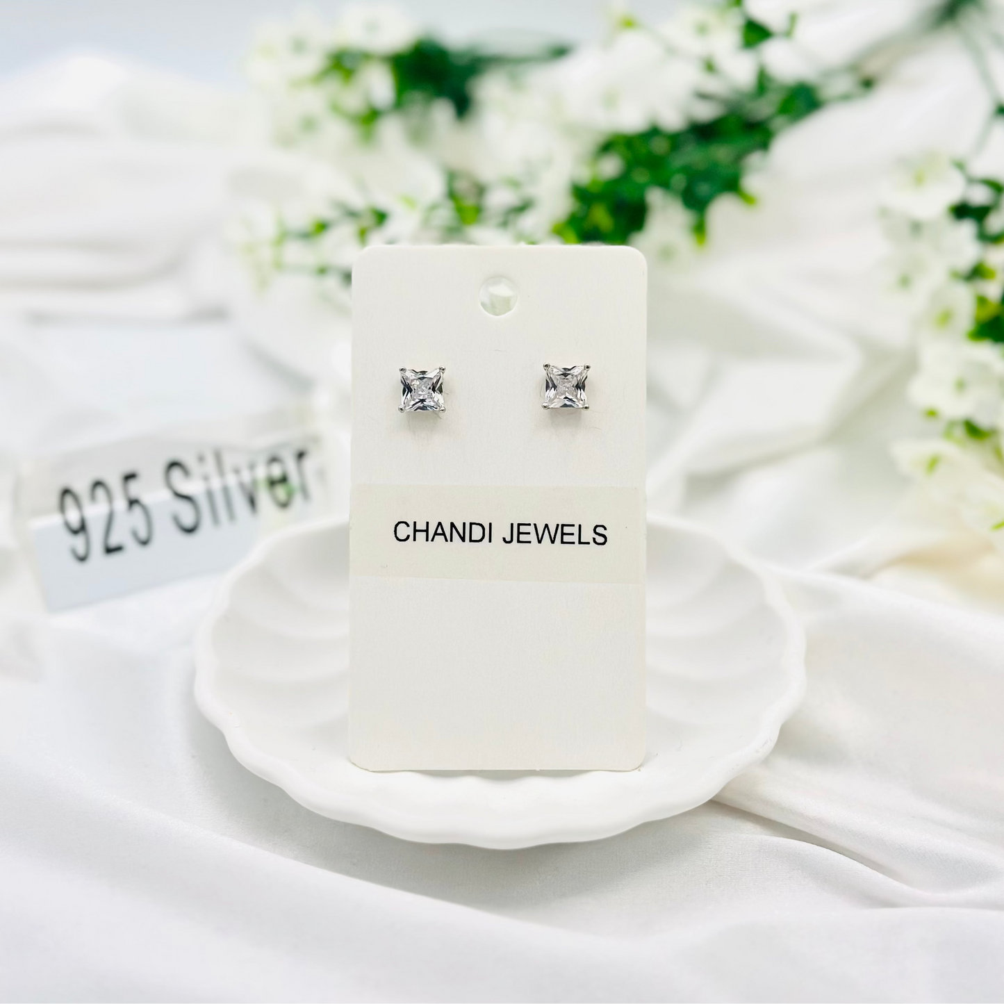 Princess cut (Square) Solitare 925 Sterling Silver Stud (Single)