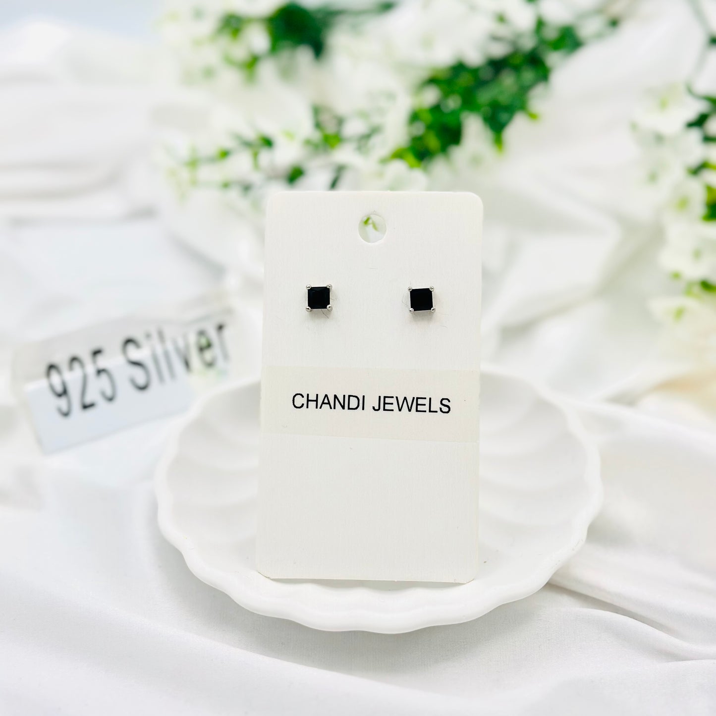Princess cut (Square) Black Solitare 925 Sterling Silver Stud (Single)