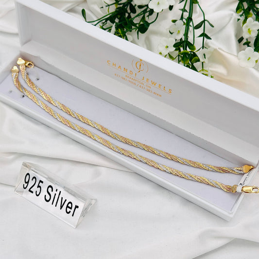 Women Gold & Rosegold Plated Rope Style Snake Chain 925 Sterling Silver Anklet WAS19