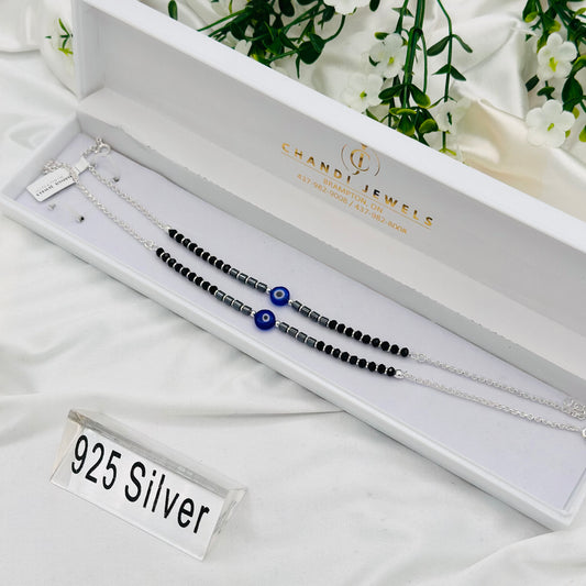 Women 925 Sterling Silver Nazariya with Blue Evileye  Anklet WAS15