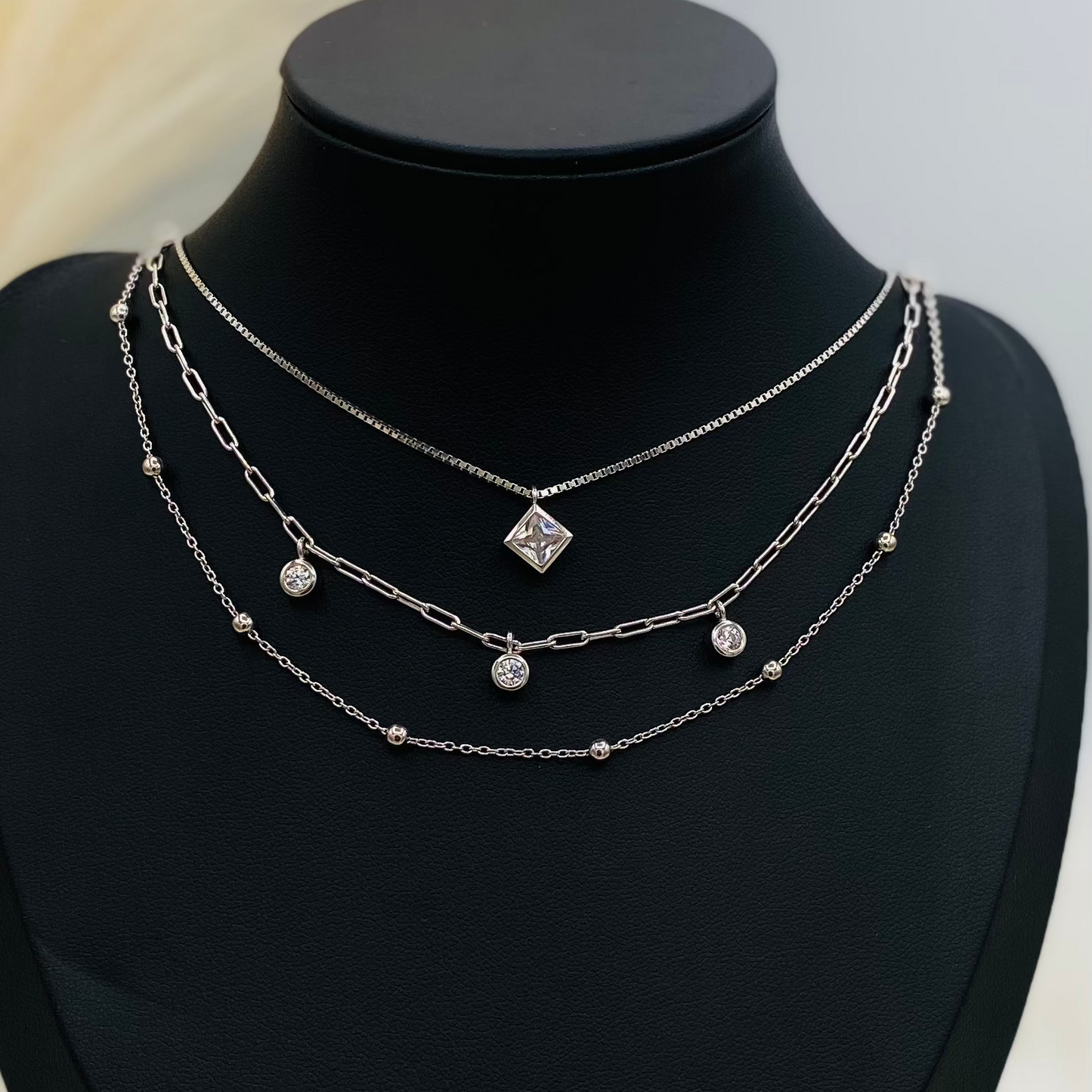 Square Solitare Stack Silver Necklace WNI032