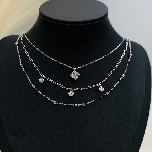 Square Solitare Stack Silver Necklace WNI032