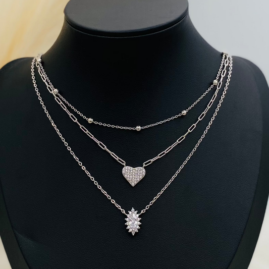 Heart Stacker Triple Chain Silver Necklace WNI020