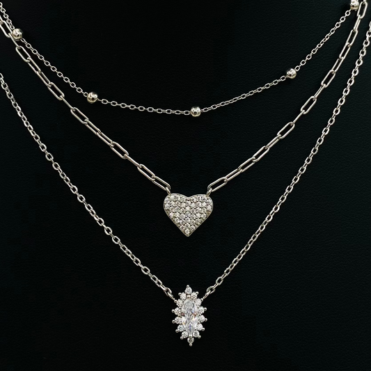 Heart Stacker Triple Chain Silver Necklace WNI020