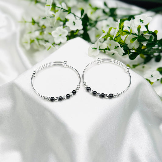 Silver Black Beads Kids Adjustable Bangle 925 Silver BKS41