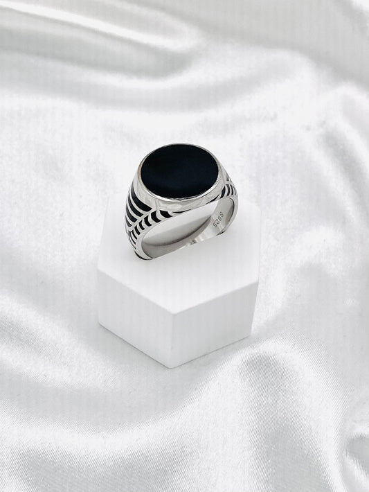 Mens Black Enamel Silver Ring MRB03