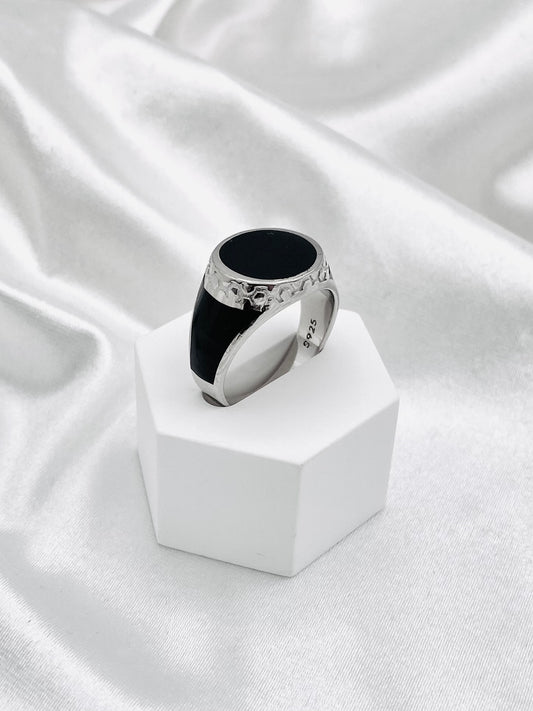 Mens Round Black Enamel Ring MRB02