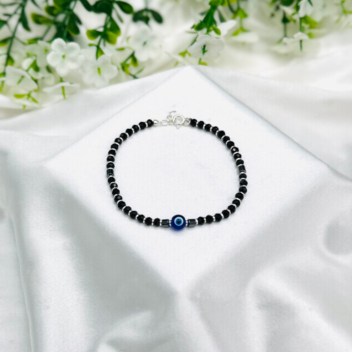 WBI12 Verstellbares Armband aus Silber mit schwarzen Perlen für Damen