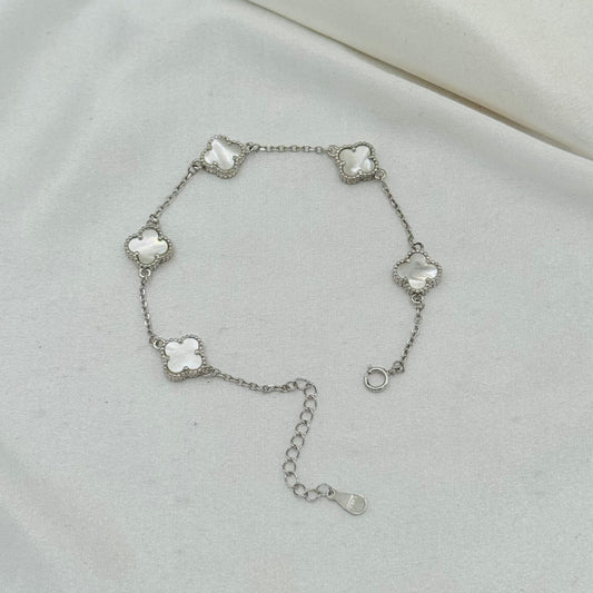 Women All White Van Cleef 5 Clover Bracelet In Sterling Silver WBV19