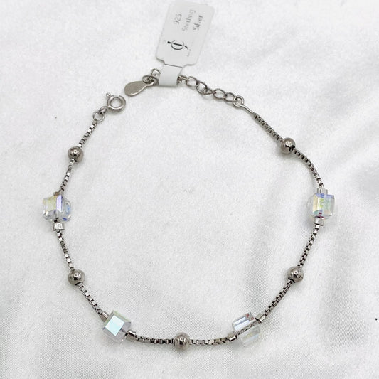 WBI01 Sterling Silver 925 Sugar Cube Clear Crystal & Pearl Bracelet